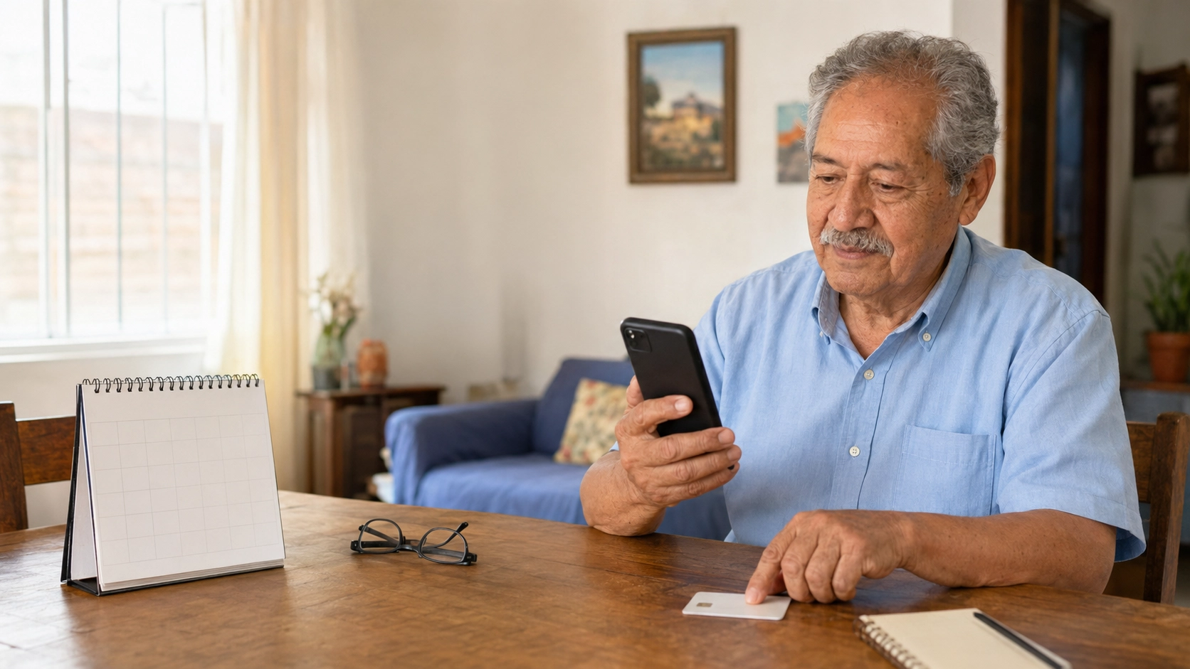 Adulto mayor consultando el calendario y su tarjeta desde el celular