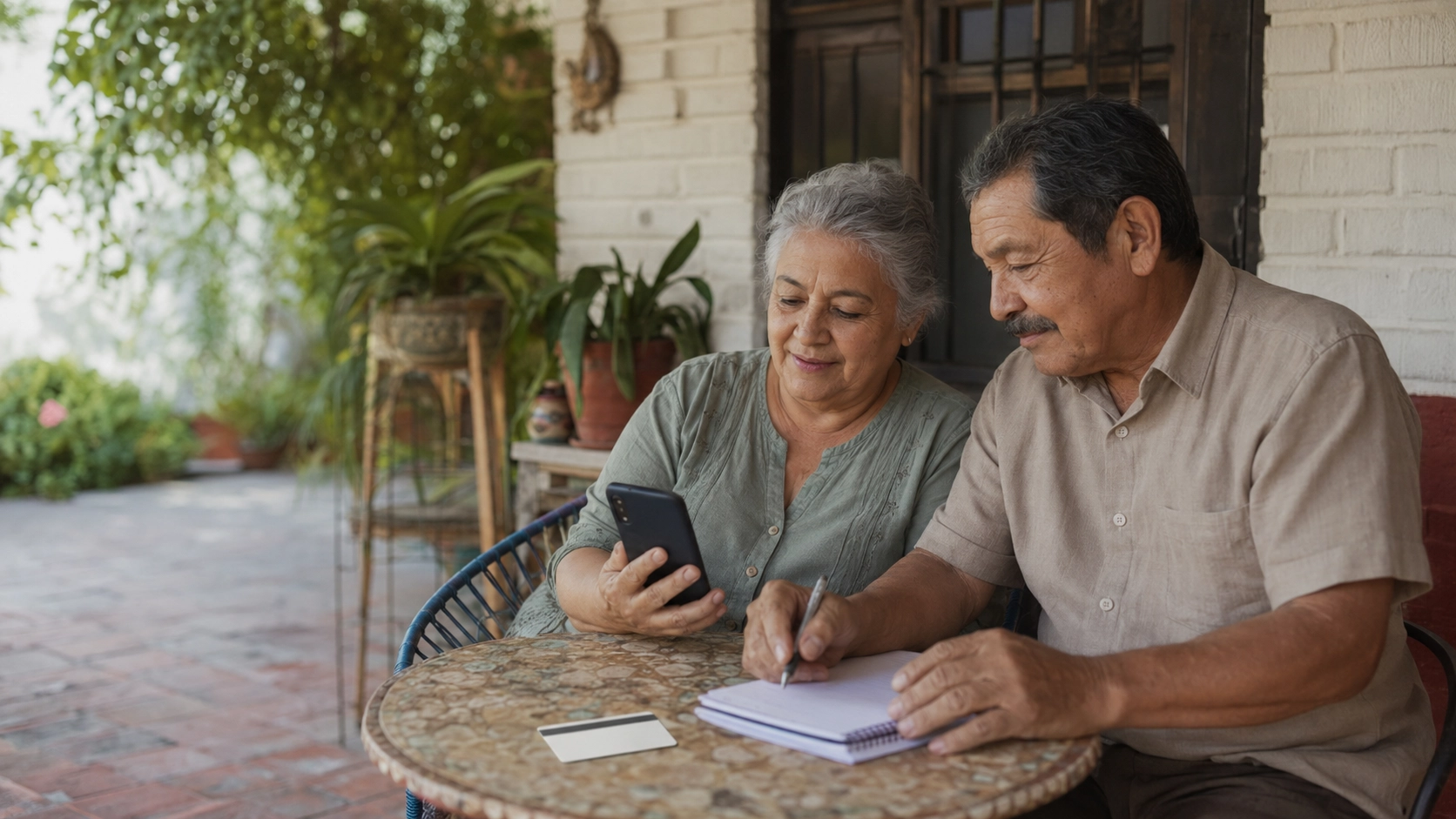 Pareja adulta mayor revisando información de pago de forma segura